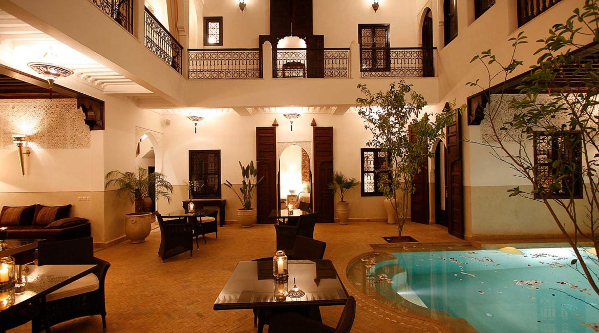The courtyard and pool at Riad Assakina