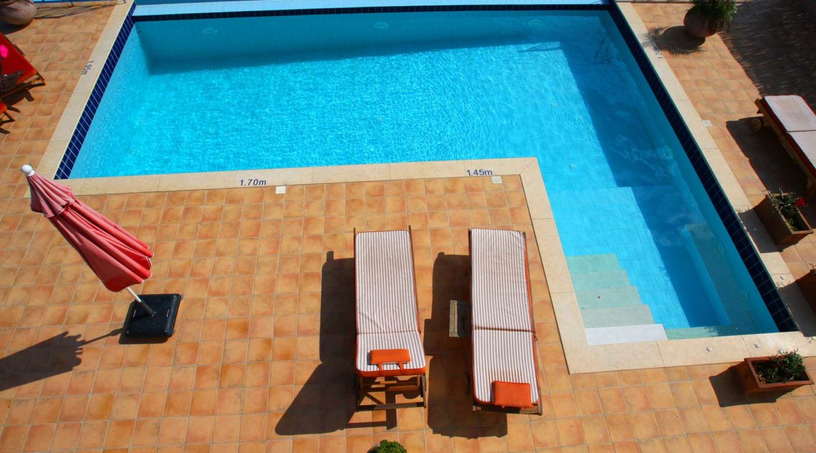Villa Dolicha ariel shot of pool and sun terrace
