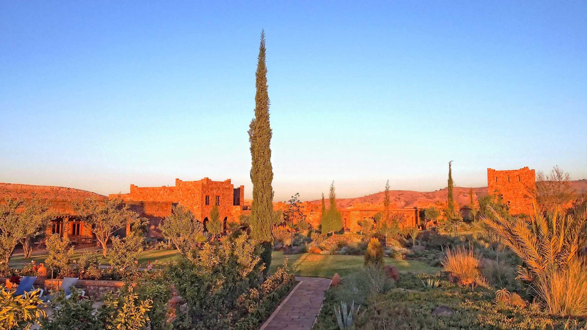 Gardens at sunset in Kasbah Angou