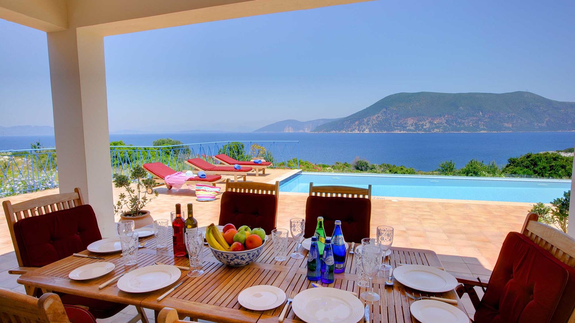 Villa Dolicha outside dining, pool and sea views