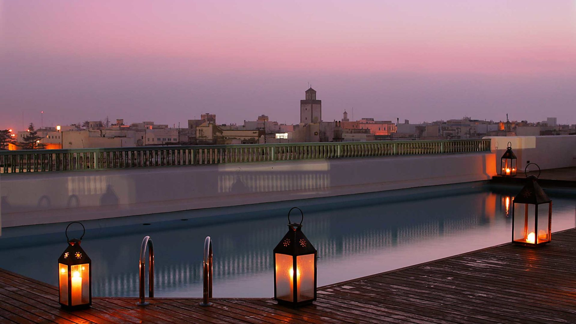 View from L'Heure Bleue's roof terrace at dusk