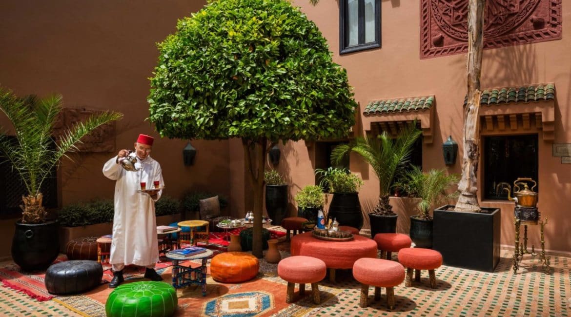 Sip a glass of refreshing mint tea in the courtyard at Kasbah Tamadot