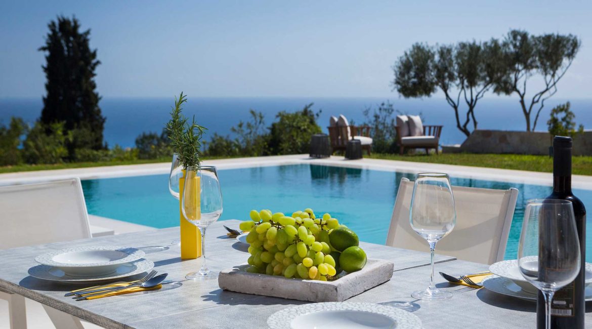 Villa Philoxenia outdoor dining, pool and sea views