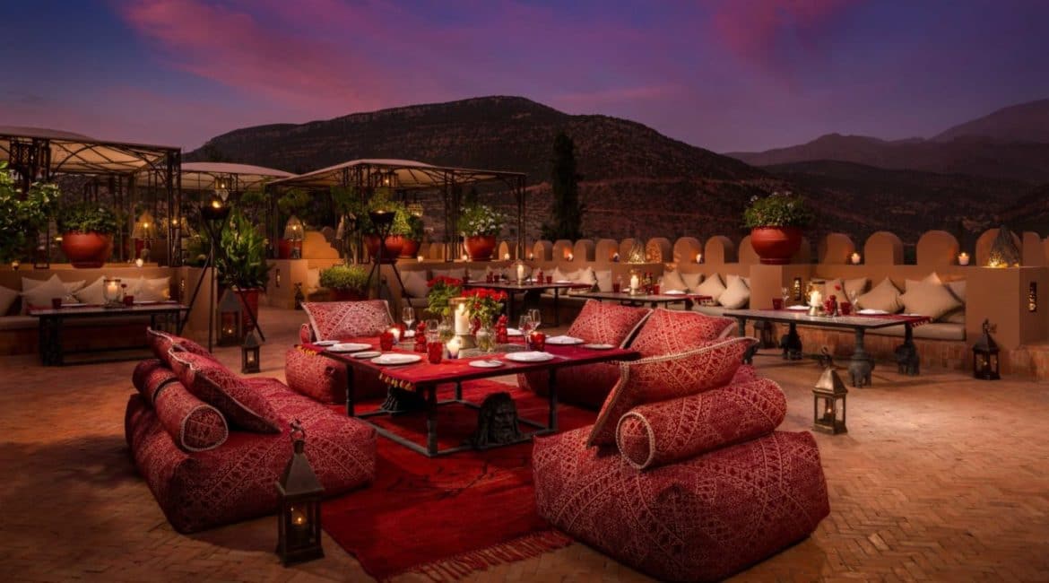 Private dining at the Kasbah Tamadot's roof terrace