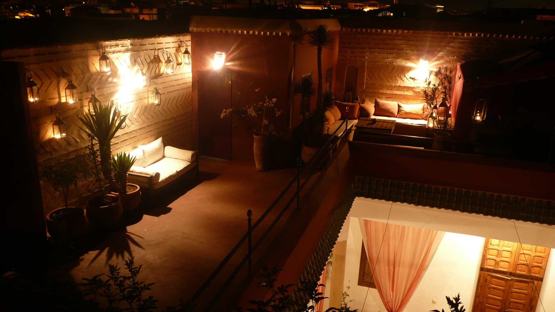 Terrace at night at Riad el Zohar