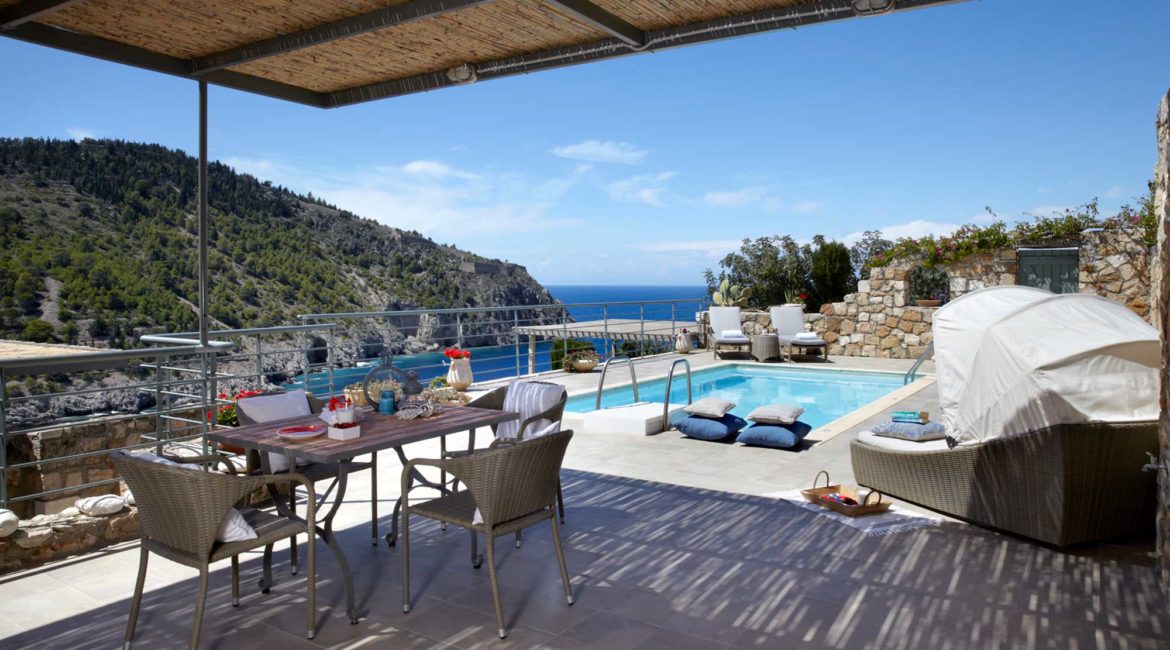 Villa Elea Braunis Horio outside dining, pool and sea views