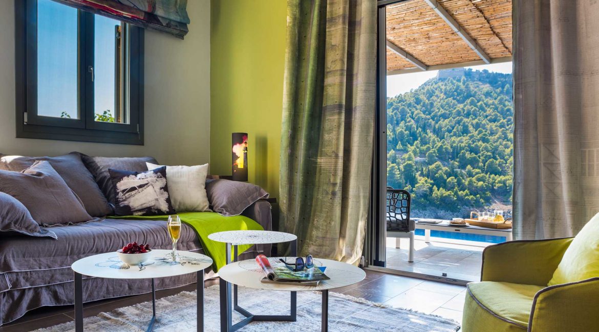 Villa Eutuxia Braunos Horio living room with sea views
