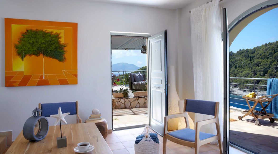 Villa Nikolis Braunis Horio living room and outside terrace