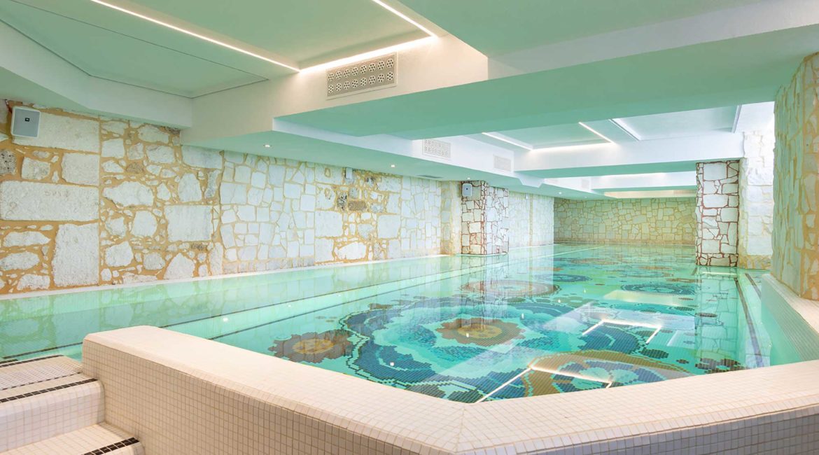 The beautiful mosaic indoor pool at Ortea Palace