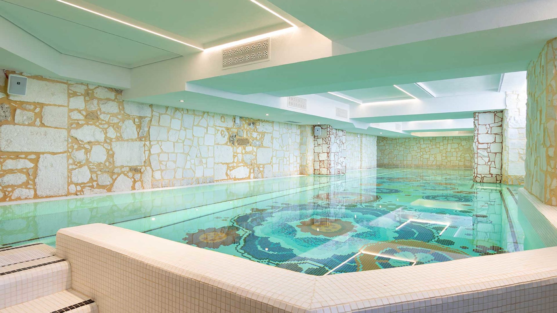 The beautiful mosaic indoor pool at Ortea Palace