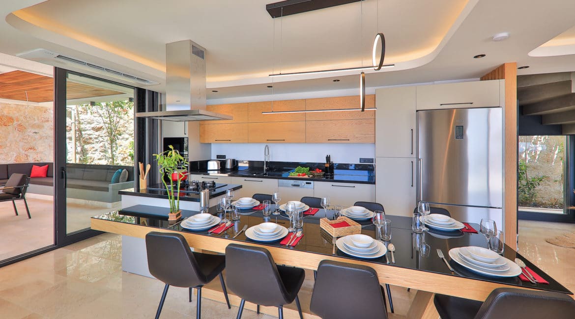 Villa Nymphe indoor dining and modern kitchen