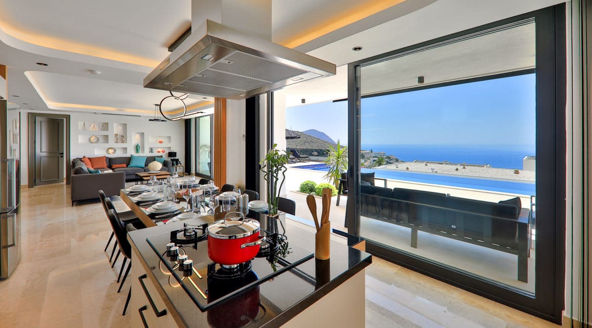 Villa Nymphe kitchen with stunning sea views