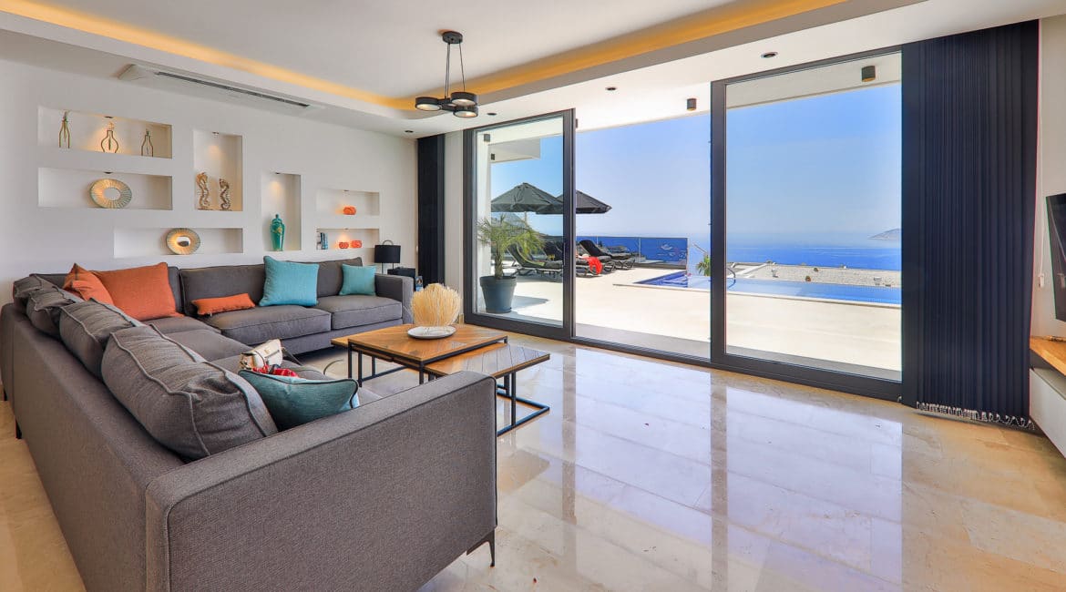 Villa Nymphe modern lounge with sea views