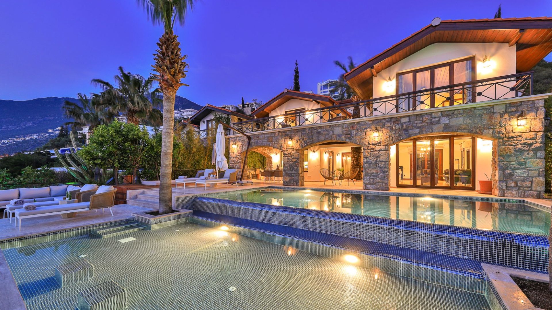 Villa Porto Split Level Infinity Pool deck at dusk