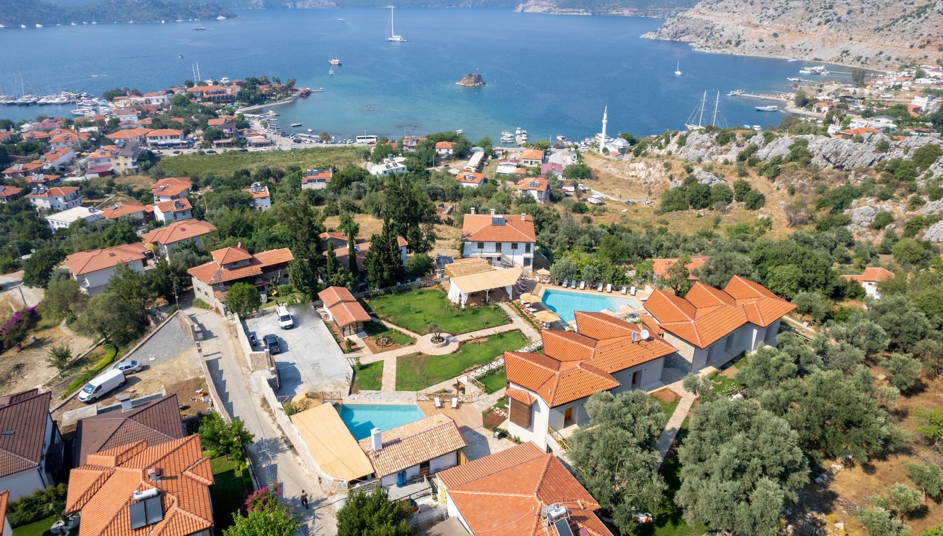 Boho Garden Drone Footage looking over selimiye bay