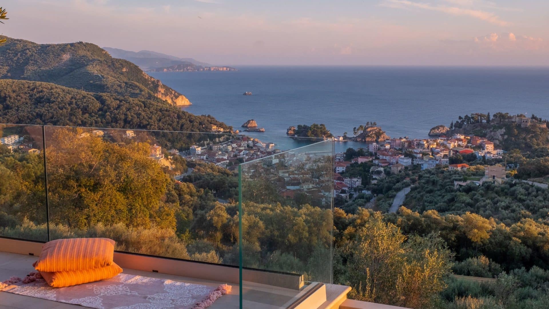 Views across olive groves to Parga