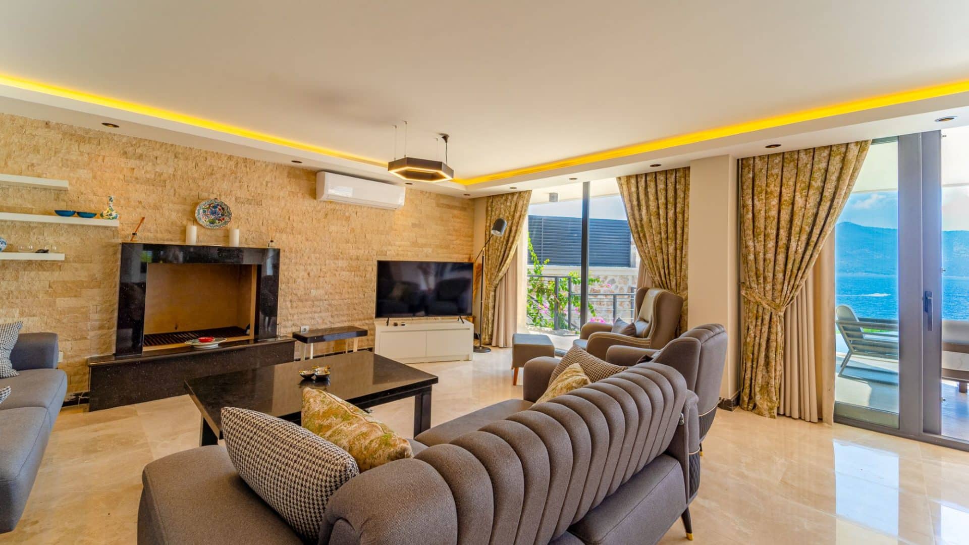 Villa Mavi Deniz sitting room and floor to ceiling glass windows