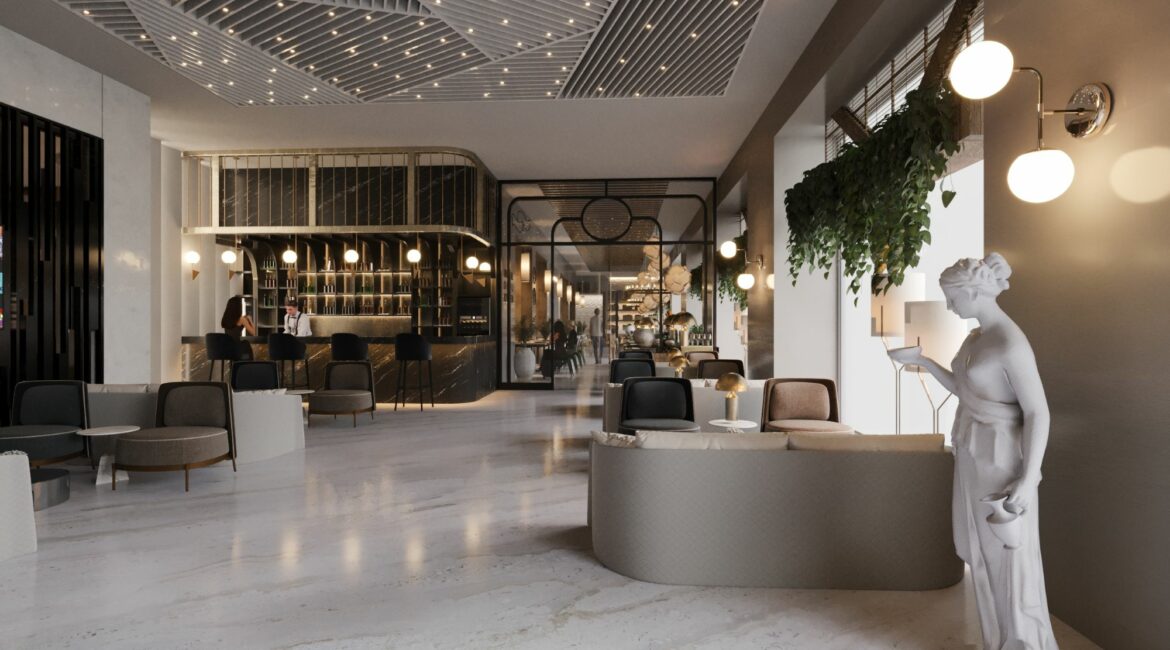 The Lure Hotel lobby and lobby bar render