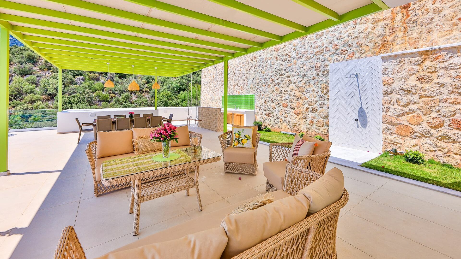 Villa Çalıkuşu alfresco seating area under the shade of a pergola