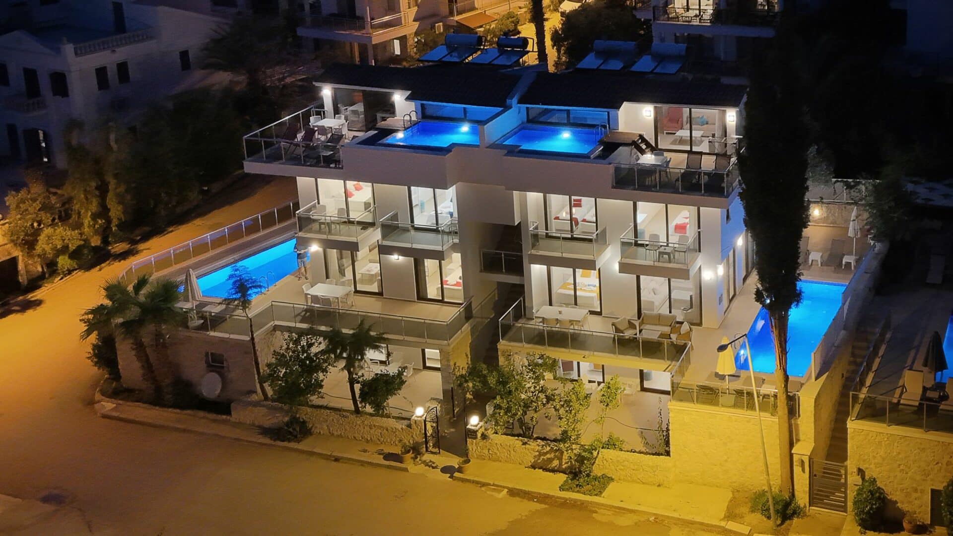 Iskele Apartments at nighttime