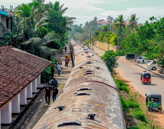 Passenger train travelling along the tracks on Sri Lanka’s south coast, capturing the vibrant rhythm of daily life with locals on board and tropical scenery beyond.