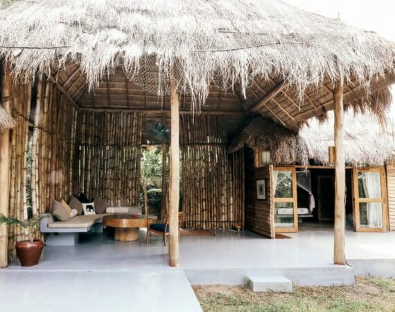 Gal Oya Lodge Family Suite exterior – Striking thatched design surrounded by wild greenery in Gal Oya National Park, Sri Lanka.