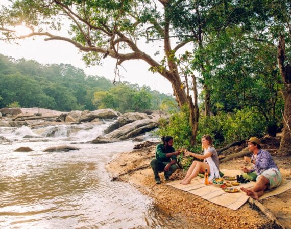 Gal Oya National Park scenic lake picnic setup with views across the water and surrounding wilderness