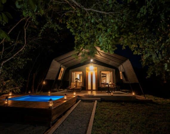 Leopard Trails Wilpattu National Park – Plunge Pool Suites at night, softly lit with ambient lighting, offering a luxurious safari glamping experience under the stars.