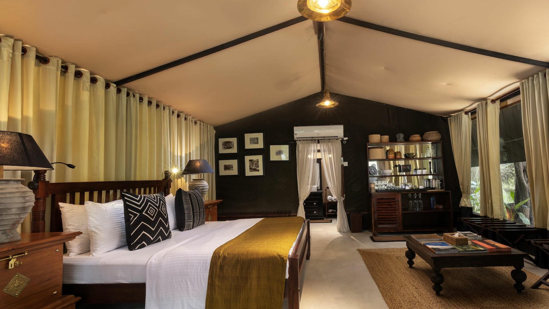 Leopard Trails Wilpattu National Park Sri Lanka– beautifully designed glamping suite interiors with elegant furnishings and safari-inspired touches.