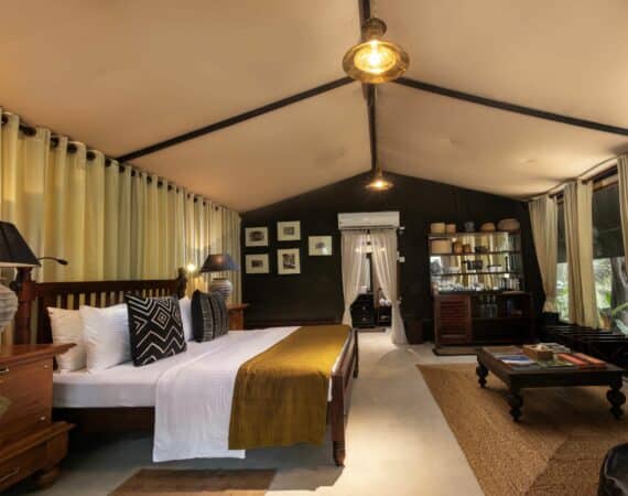 Leopard Trails Wilpattu National Park Sri Lanka– beautifully designed glamping suite interiors with elegant furnishings and safari-inspired touches.