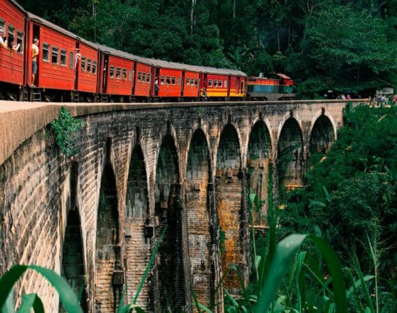 Scenic train crossing Sri Lanka’s Nine Arch Bridge in the misty Hill Country