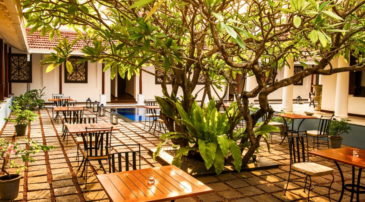 Courtyard dining at The Residence, Colombo, Sri Lanka – an elegant open-air setting blending colonial charm with relaxed alfresco living.