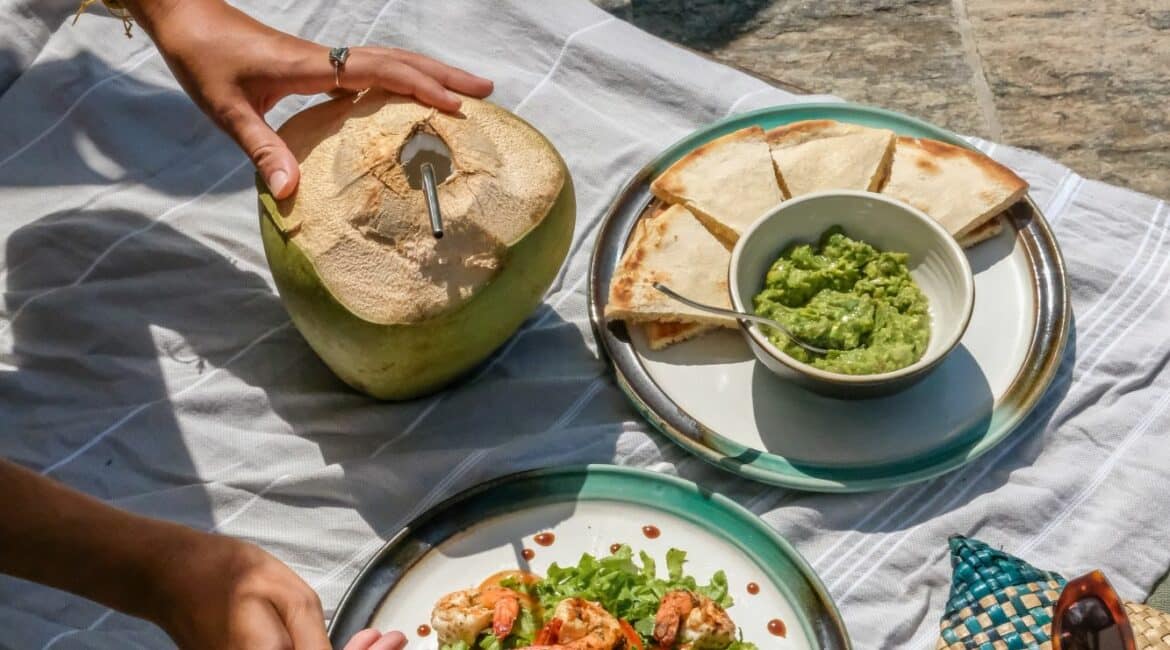 Something from the light lunch menu - A Tekanda coconut, flat-breads with avocado dip and Tekanda Prawn salad