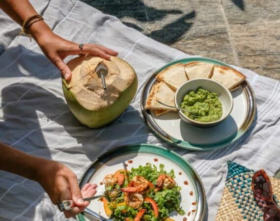 Tekanda Lodge Something from the light lunch menu - A Tekanda coconut, flat-breads with avocado dip and Tekanda Prawn salad