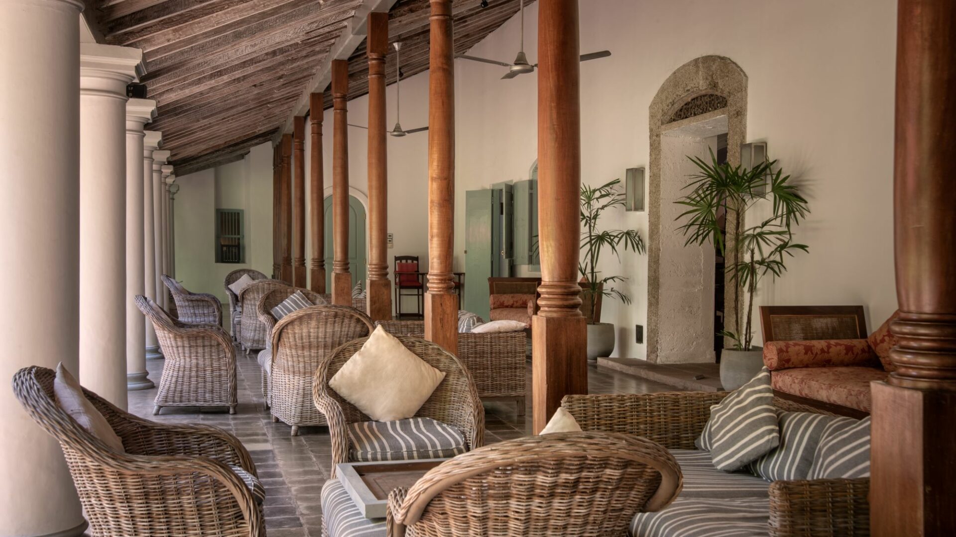 Shaded veranda at The Wallawwa near Colombo, Sri Lanka – a tranquil outdoor space blending colonial elegance with relaxed west coast charm.