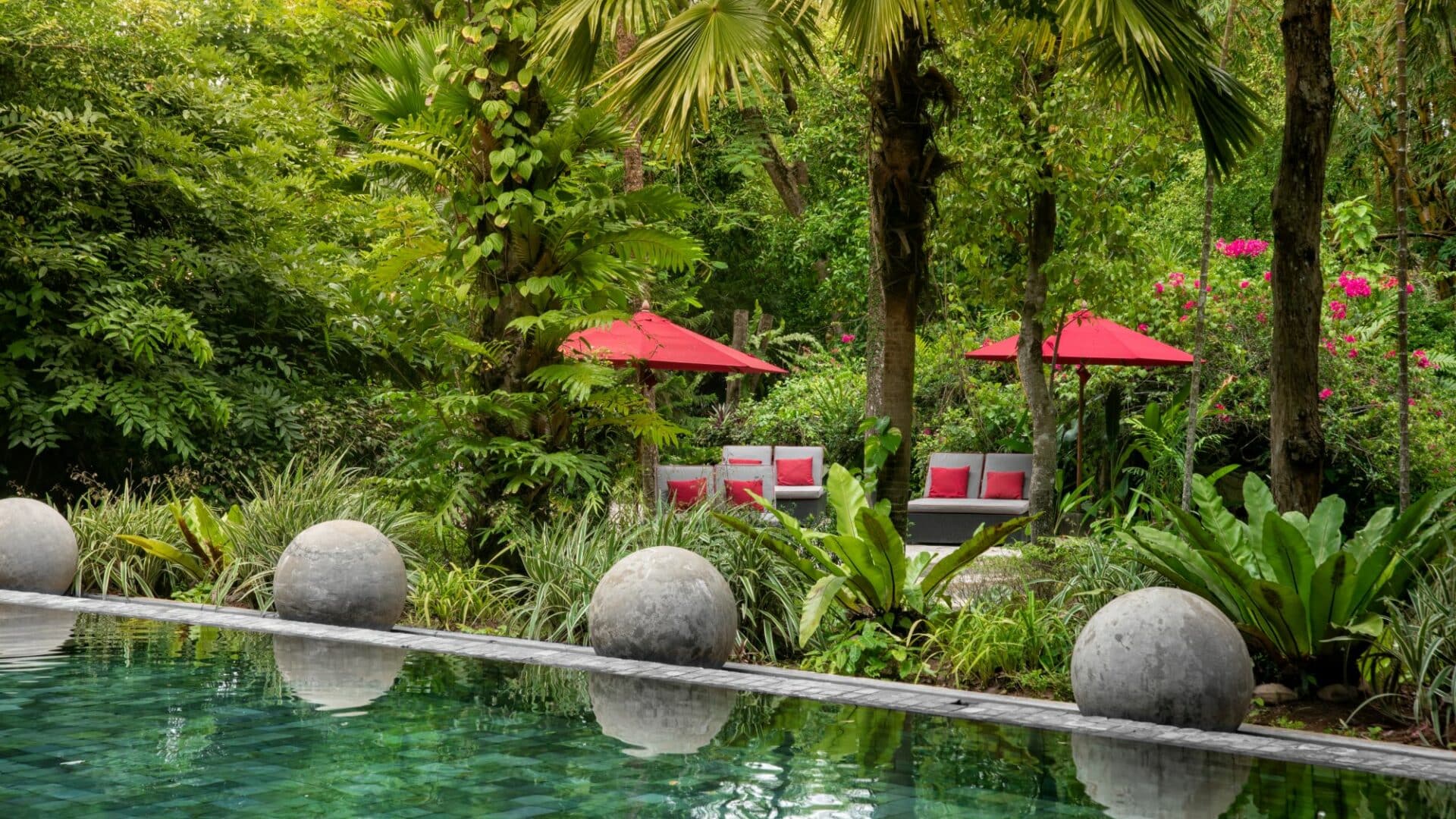 Tranquil swimming pool at The Wallawwa, near Colombo, Sri Lanka – encased by lush greenery, offering serene luxury before or after your island journey.