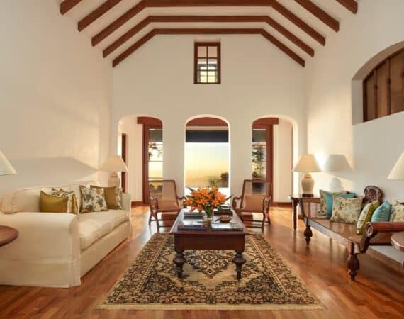 Elegant interior at Thotalagala with sunset views through open doors in Sri Lanka’s Hill Country