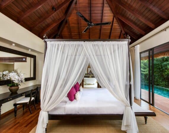 Elegant double bedroom in the Deluxe Pool Villa at Uga Ulagalla – luxury boutique villa in Sri Lanka’s Cultural Triangle
