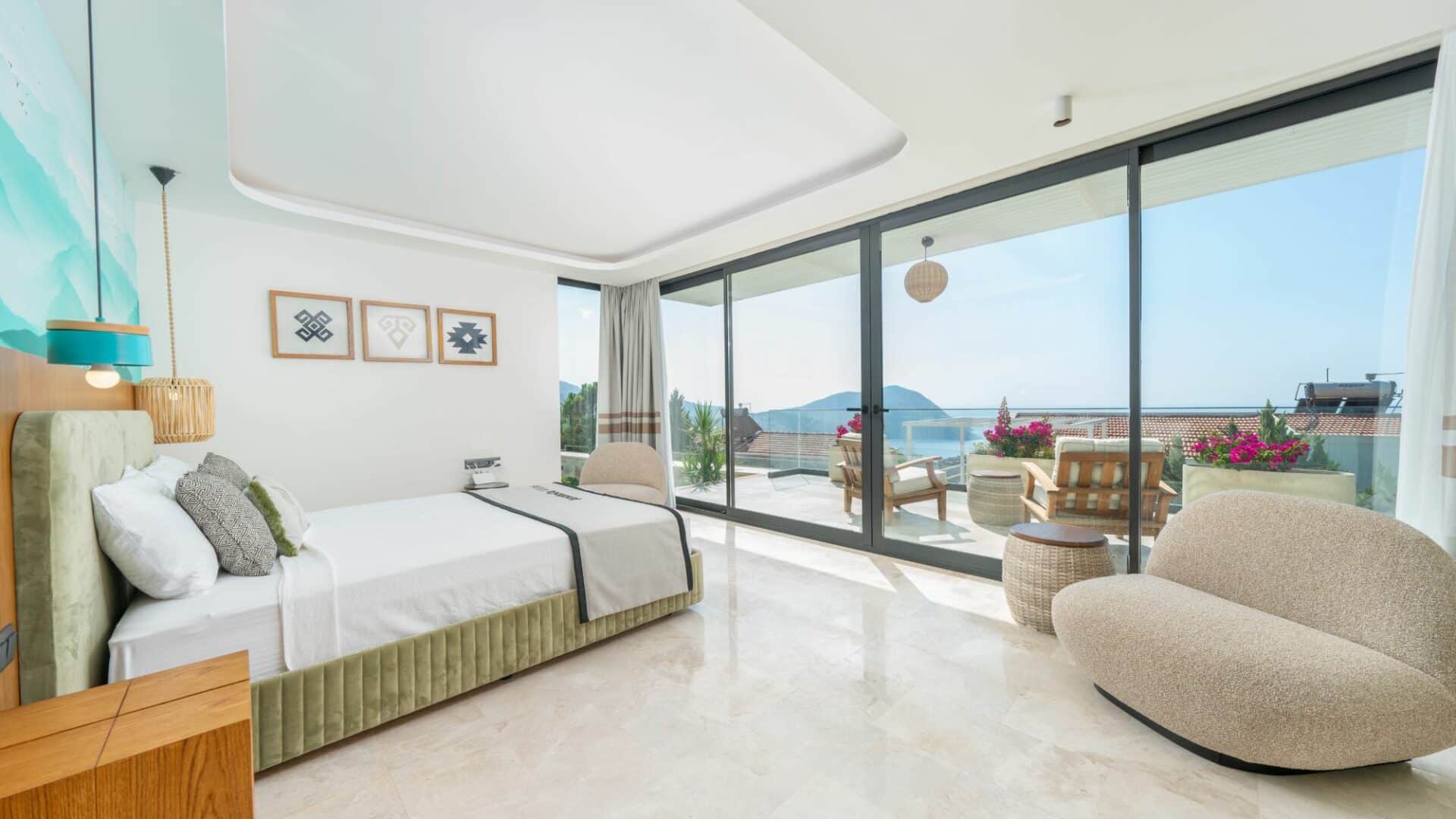 Villa Anatolia 2 Kalkan double bedroom and floo to ceiling glass windows