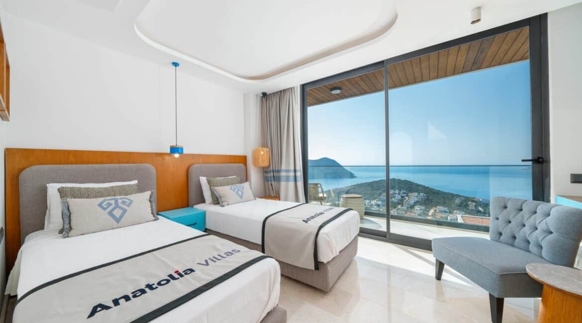 Villa Anatolia 2 Kalkan twin bedroom and floor to ceiling glass windows