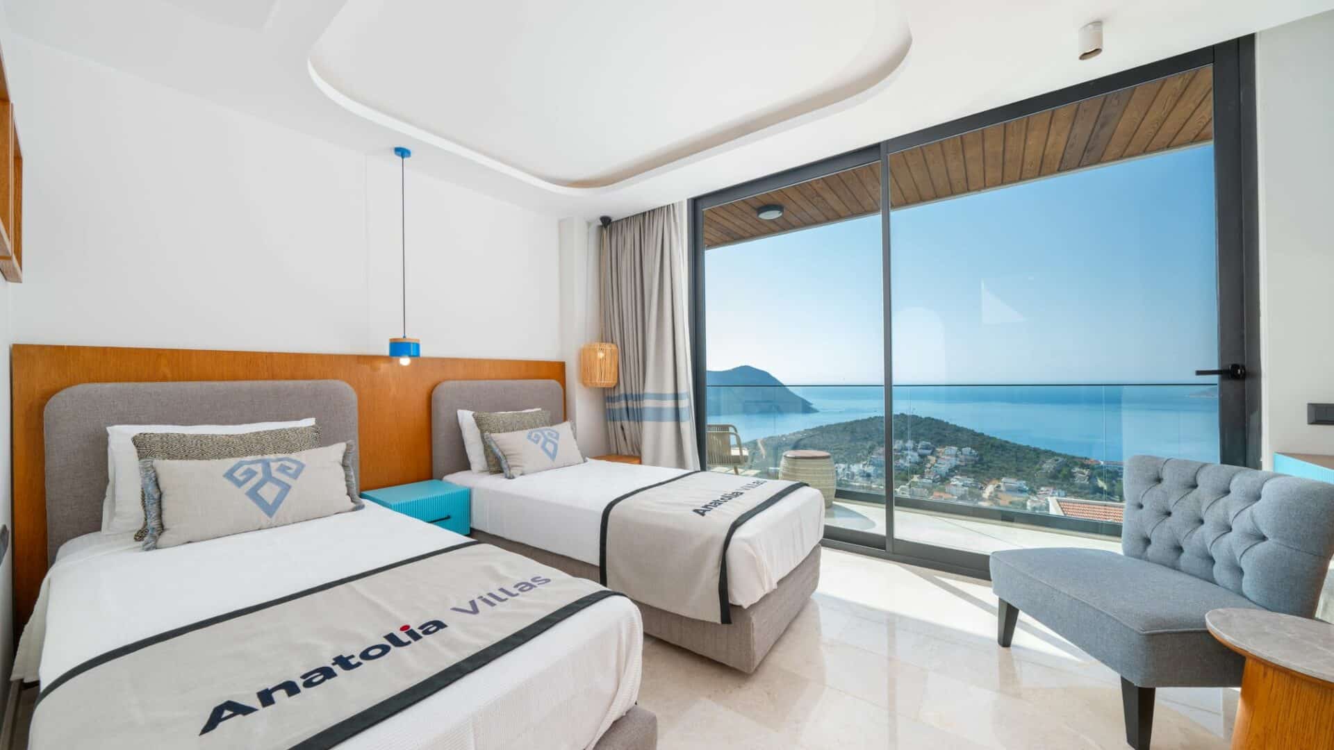 Villa Anatolia 2 Kalkan twin bedroom and floor to ceiling glass windows