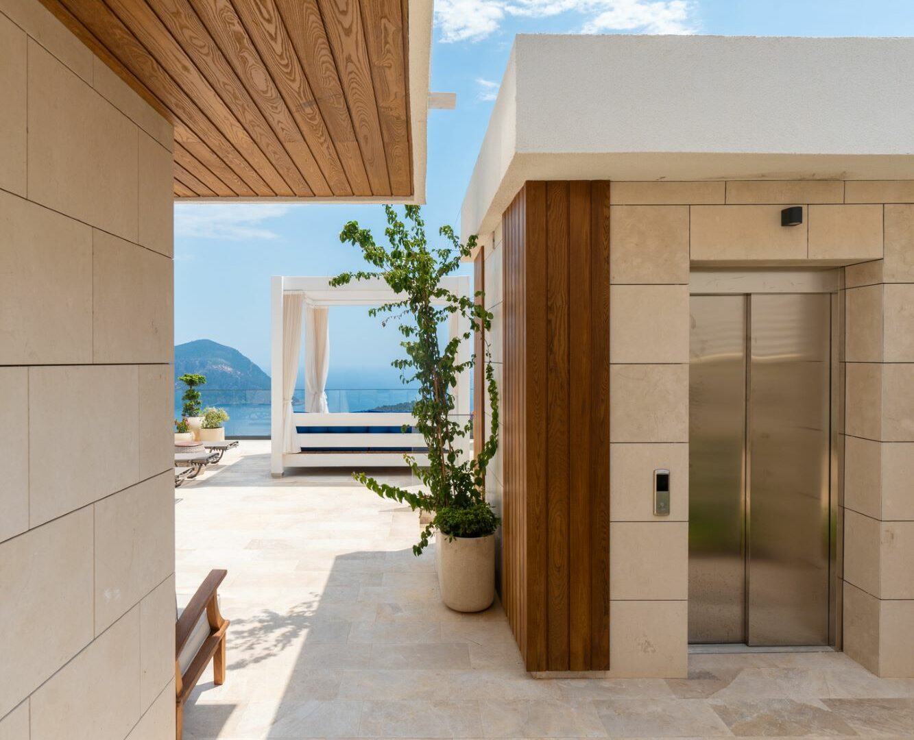 Villa Anatolia 3 Kalkan exterior lift and pathways leading to the pool