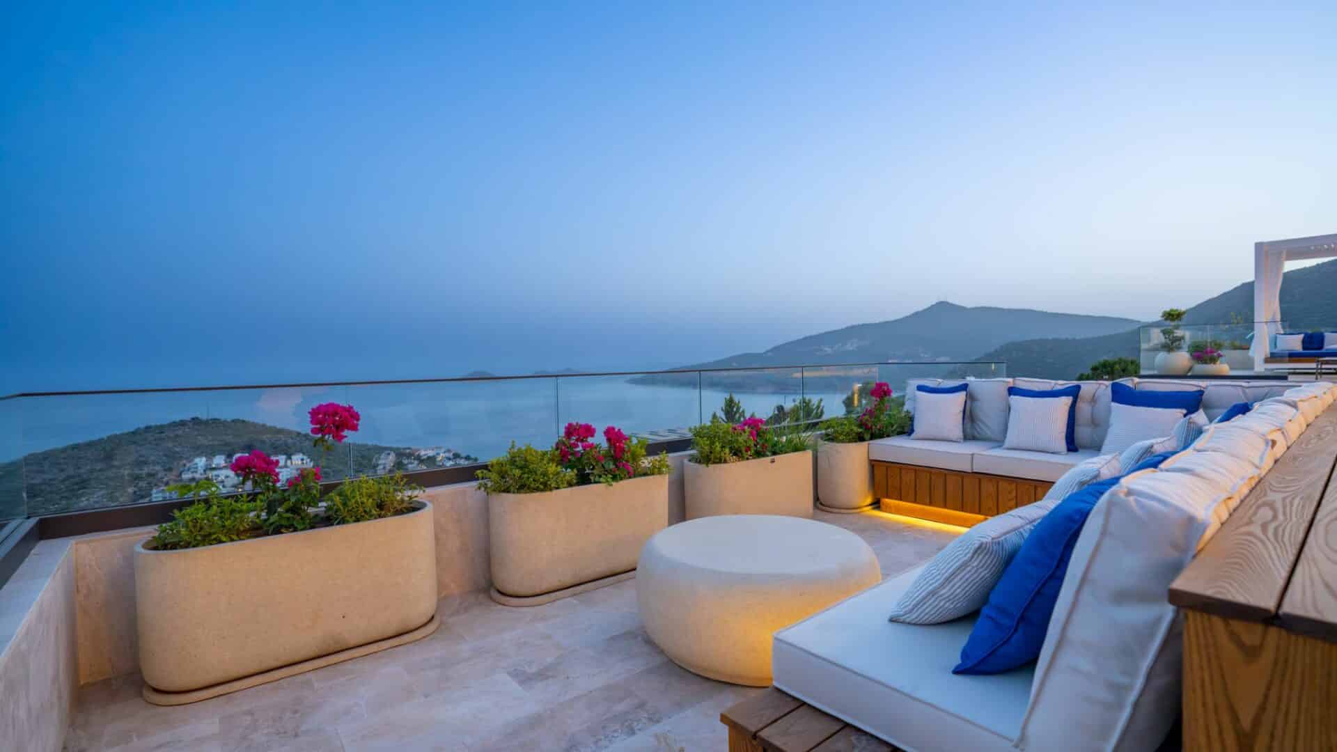 Villa Anatolia 3 Kalkan sitting areas and wide screen sea views