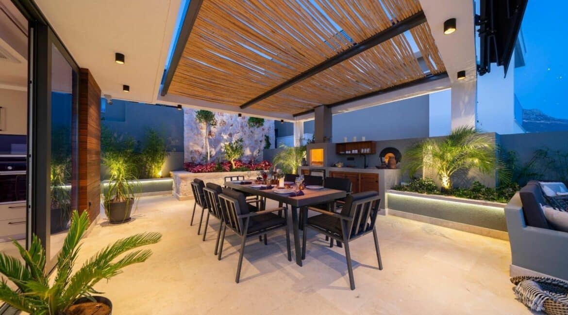 Villa Ayse Kalamar Bay alfresco dining terrace under the shade of a pergola