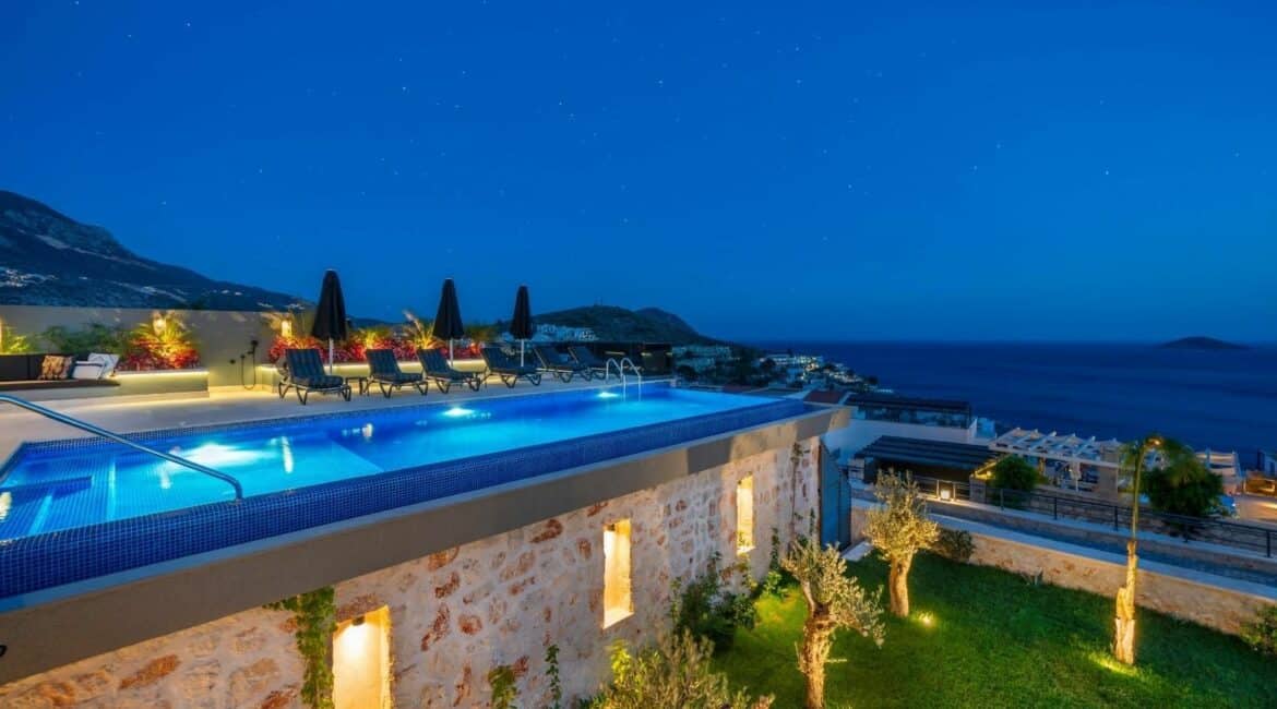 Villa Ayse Kalamar Bay swimming pool and sea views by night