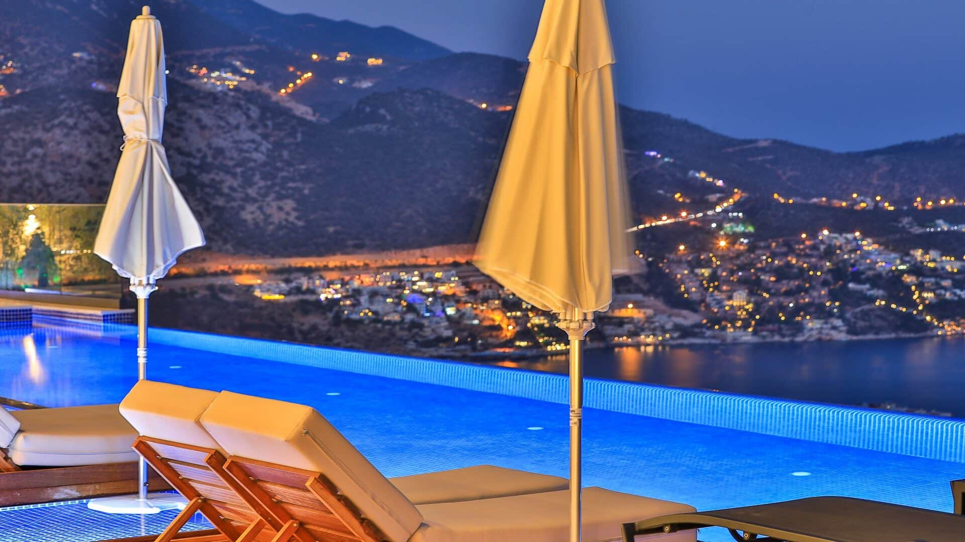 Villa Escala swimming pool and kalkan views at night