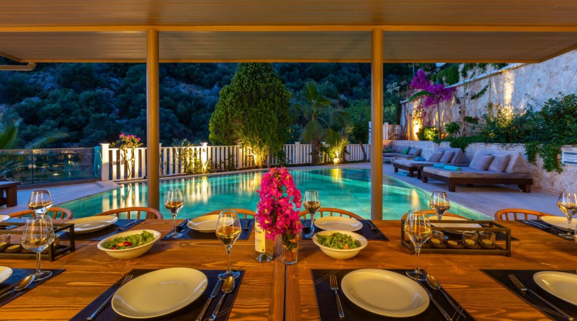 Villa Korsan Kalkan alfresco dining after sunset