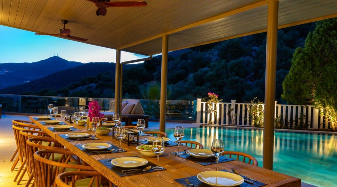 Villa Korsan Kalkan alfresco terrace at dusk