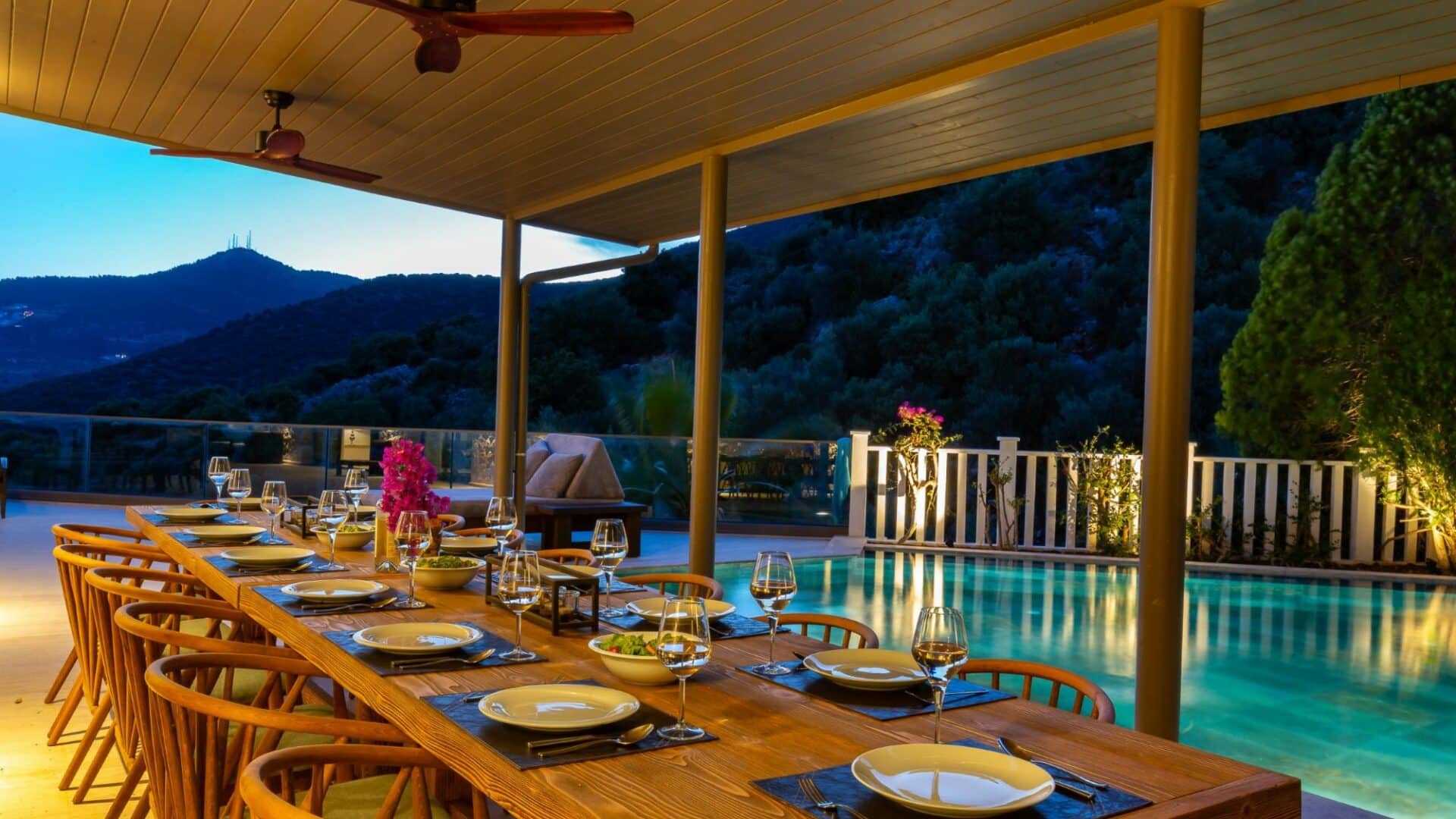 Villa Korsan Kalkan alfresco terrace at dusk