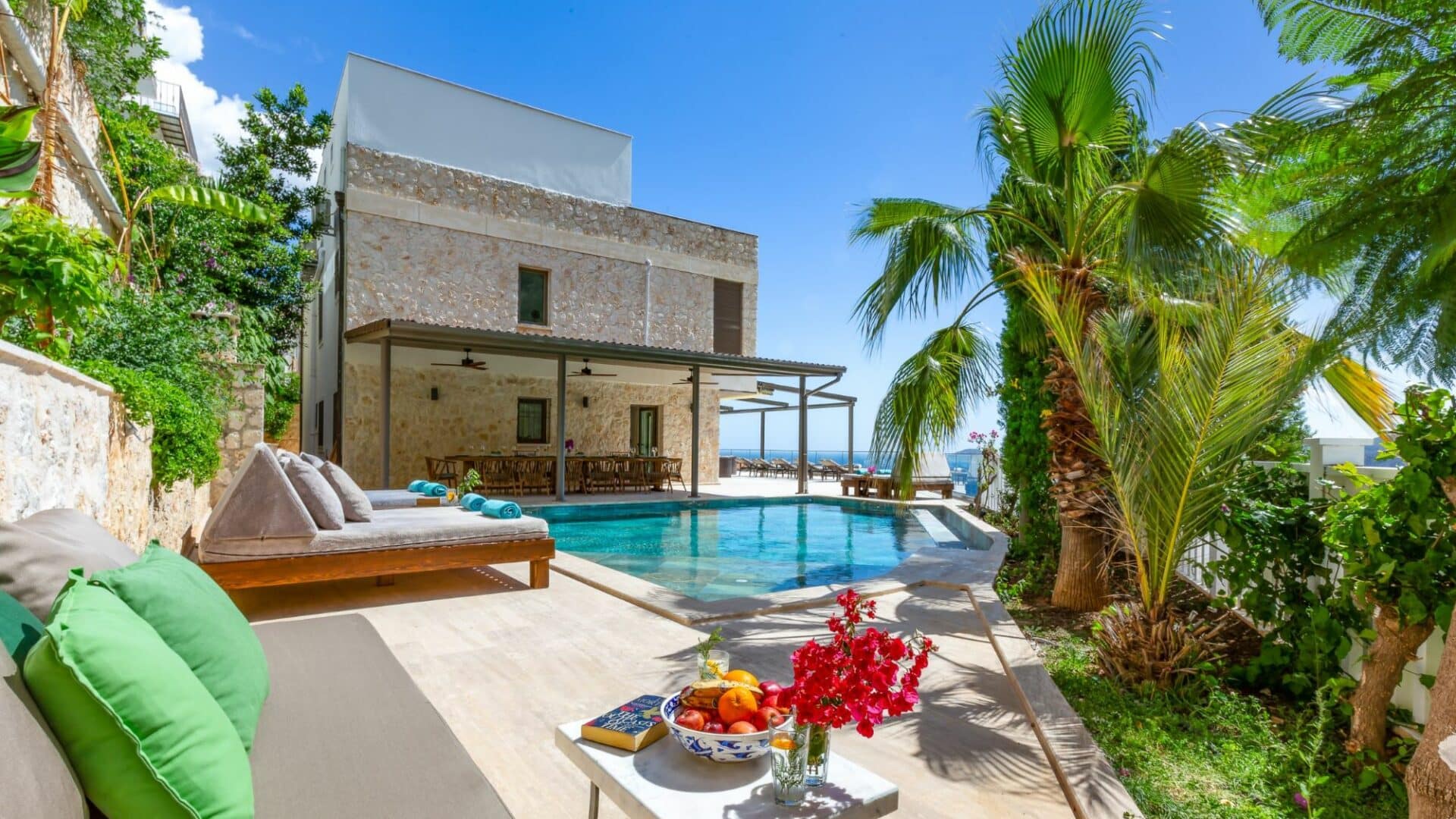 Villa Korsan Kalkan swimming pool and surrounding furnished terraces